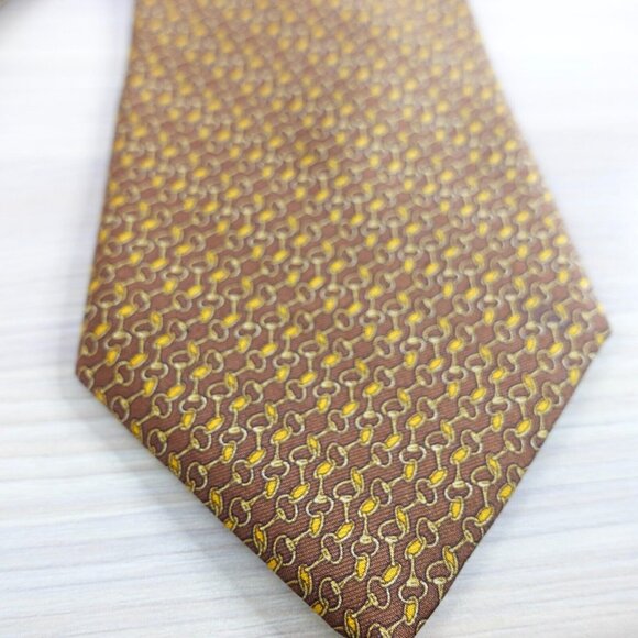 Brooks Brothers Makers Neck Tie Mens Rustic Brown Suit Silk Gold Chain Link USA - Picture 8 of 10